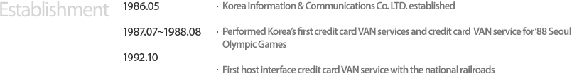설립기 1986.05-한국정보통신주식회사 설립, 1987.07~1988.08 - 국내 최초 신용카드 조회서비스 및 올립픽 신용카드 조회서비스 실시, 1992.10-국내 최초 철도청 신용카드 조회서비스 실시(HOST 접속)